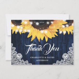 Cartão De Agradecimento Marinho Azul Girassol Madeira Palha Luz Casamento
