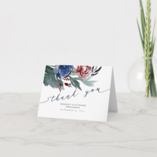 Cartão De Agradecimento Marinho Blue e Red Floral Wreath Casamento Obrigad