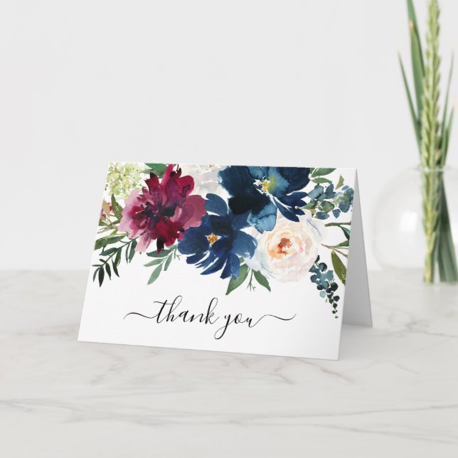 Cartão De Agradecimento Marinho Burgundy Flores Chá de fraldas Obrigado Fo (Frente)