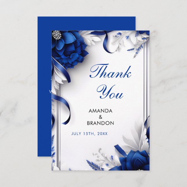 Cartão De Agradecimento Marinho Chic Blue & Silver Flowers Fitas Casamento (Frente/Verso)