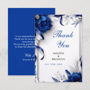 Cartão De Agradecimento Marinho Chic Blue & Silver Flowers Fitas Casamento