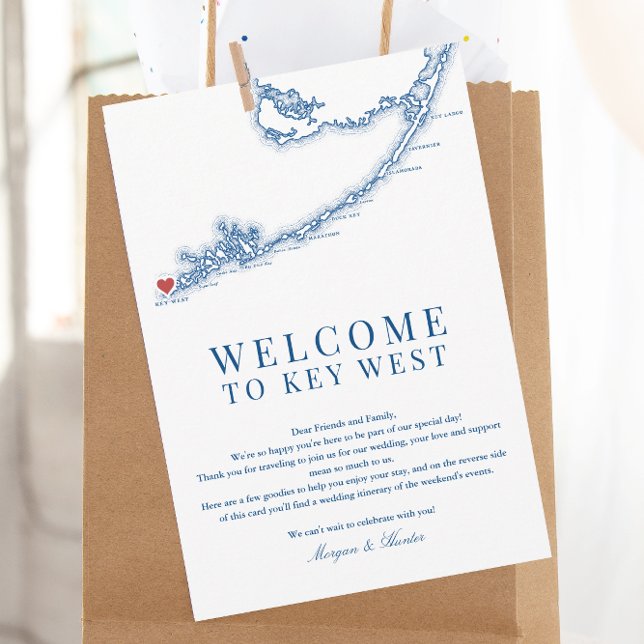 Cartão De Agradecimento Marinho da Chave Oeste FL Blue Wedding Itinerário (Key West FL Map Wedding Welcome Letter Schedule of Events for an elegant navy blue wedding)