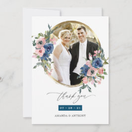 Cartão De Agradecimento Marinho de Aquarela e Foto Floral de Blush