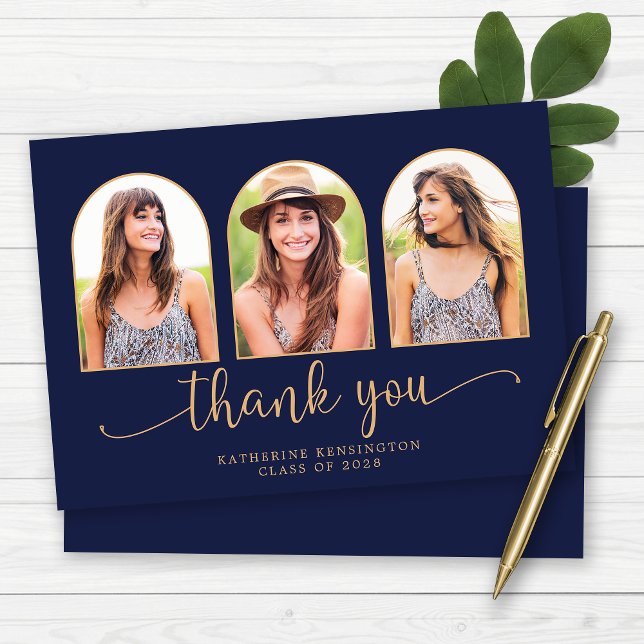 Cartão De Agradecimento Marinho de Arch Elegante - Graduação de Foto Azul  (Elegant Arch Navy Blue Gold 3 Photo Graduation Thank You Card)