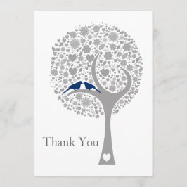 Cartão De Agradecimento marinho de árvore branca, casamento de pássaros az