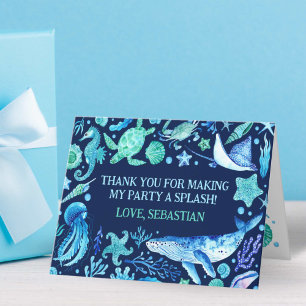 Cartão De Agradecimento Marinho de Baleia Aquarela Sob o Partido do Mar