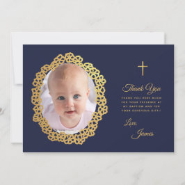 Cartão De Agradecimento Marinho de Fotografia Baptism Azul Dourada Floral 
