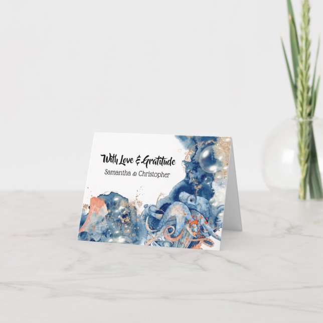 Cartão De Agradecimento Marinho de polvo obrigado de casamento laranja azu (Frente)