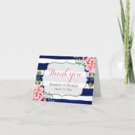 Cartão De Agradecimento Marinho De Prata Floral Cor-De-Rosa  Blue Stripes 