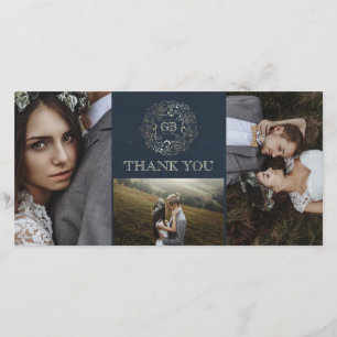 Cartão De Agradecimento Marinho e casamento vintage floral Dourado