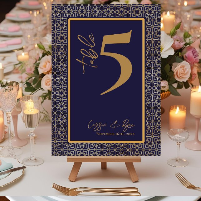 Cartão De Agradecimento Marinho e número da tabela de Festa de casamento D (Navy and Gold Design Wedding Party Table Number)