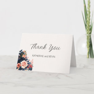 Cartão De Agradecimento Marinho Elegante Azul Dusty Rosa Watercolor Floral