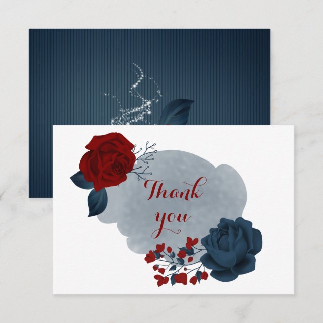 Cartão De Agradecimento marinho elegante e floral vermelho (Frente/Verso)