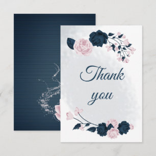 Cartão De Agradecimento marinho elegante e flores cor-de-rosa botânico