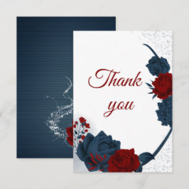 Cartão De Agradecimento marinho elegante e flores vermelhas botânicas