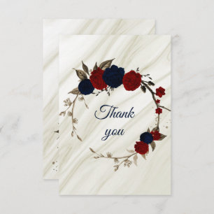 Cartão De Agradecimento marinho elegante e flores vermelhas botânicas
