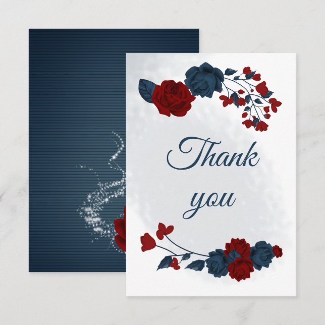 Cartão De Agradecimento marinho elegante e flores vermelhas botânicas (Frente/Verso)