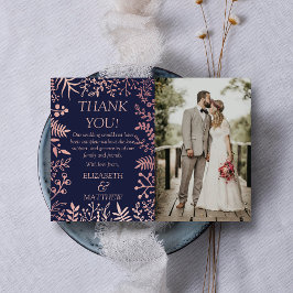 Cartão De Agradecimento Marinho Elegante E Foto Dourada De Casamento Flora