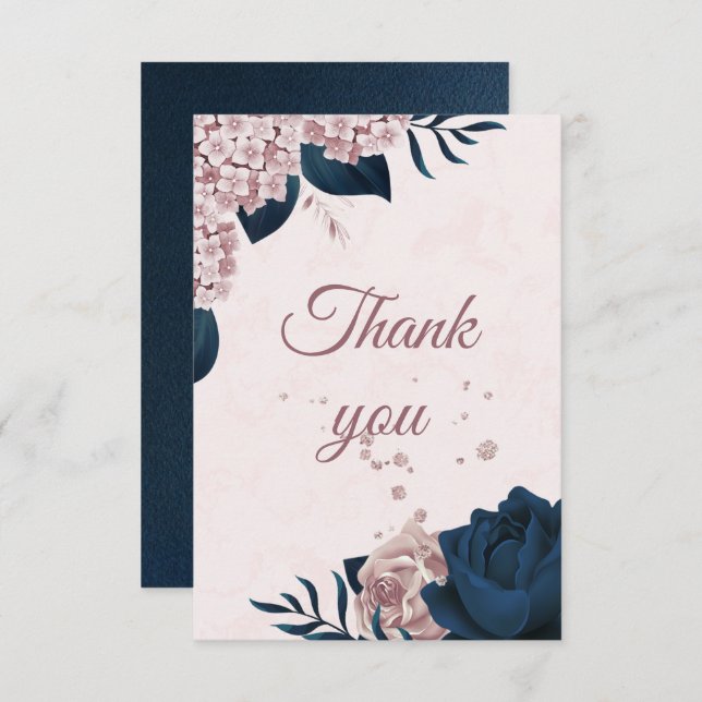 Cartão De Agradecimento marinho elegante e rosa de flores poeirentas obrig (Frente/Verso)