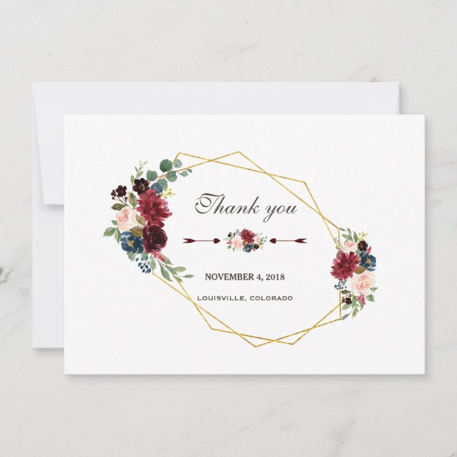 Cartão De Agradecimento Marinho Merlot Blue Floral Dourado Quadro Obrigado (Frente)