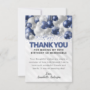 Cartão De Agradecimento Marinho Moderno Blue Silver Balloon Glitter Aniver