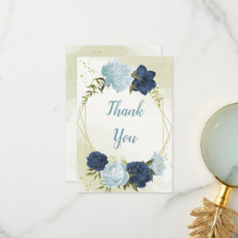 Cartão De Agradecimento marinho poeirento flores azuis folhas verdes casam