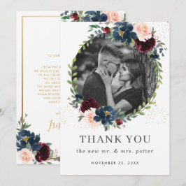 Cartão De Agradecimento Marinho Rustic Burgundy Blush Foto De Casamento Fl