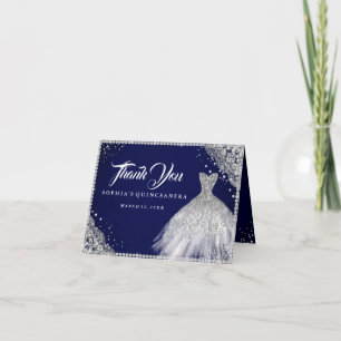 Cartão De Agradecimento Marinho Silver Diamond Sparkle Gown Quinceanera
