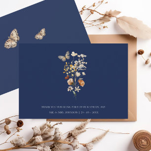 Cartão De Agradecimento Marinho Simples Azul outono Queda Flores Selvagens