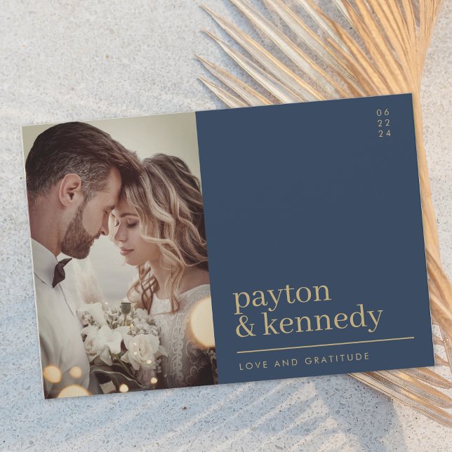 Cartão De Agradecimento Marinho simples Elegante, foto Dourada e azul (Criador carregado)