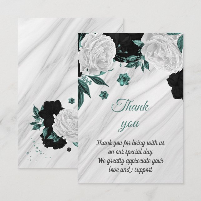 Cartão De Agradecimento mármore botânico preto branco e branco (Frente/Verso)
