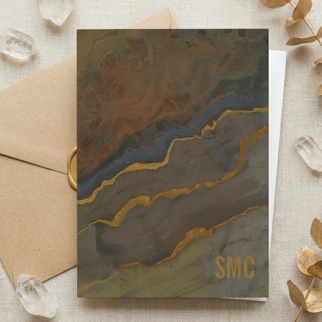 Cartão De Agradecimento Mármore Geodo Tom Terra Monogramado (Monogrammed geode note card on marble, a lovely thank you gift for a classy grandmother.)