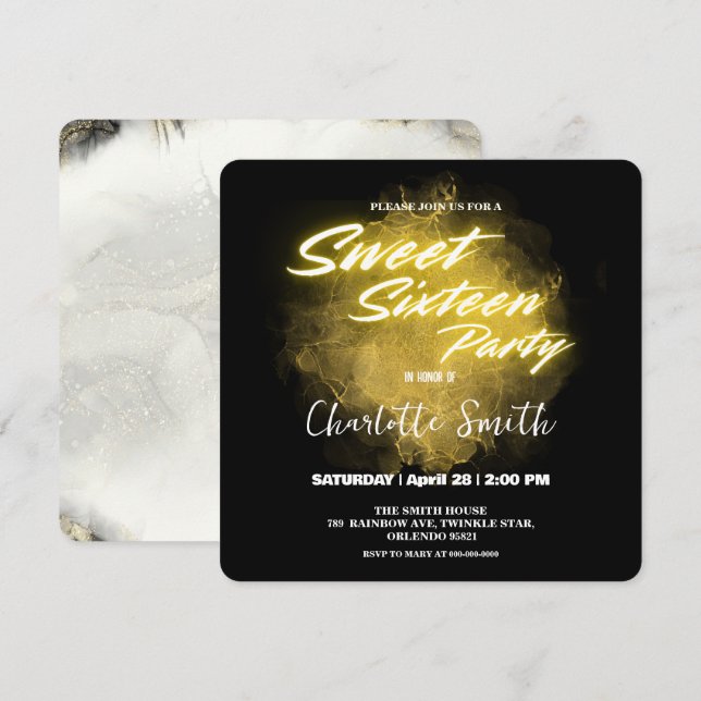 Cartão De Agradecimento Mármore-rosa-rosa-néon elegante 16.º aniversário (Frente/Verso)