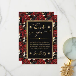 Cartão De Agradecimento Mármore Vermelho Preto e Dourado Floral Aniversári