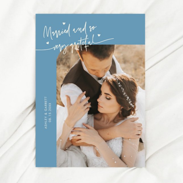 Cartão De Agradecimento Married and Grateful Wedding Photo Denim Blue (Criador carregado)
