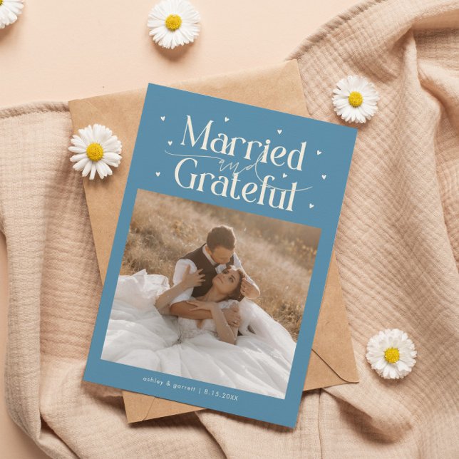 Cartão De Agradecimento Married & Grateful Wedding Photo Denim Blue (Criador carregado)