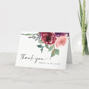 Cartão De Agradecimento MARSAALA VERMELHO ROSADO FLORAL Aquarela CASAMENTO