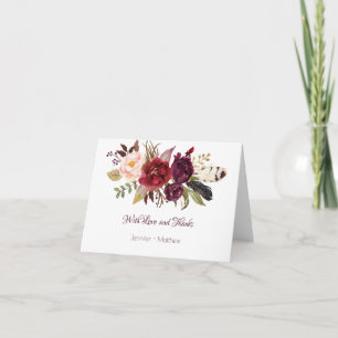 Cartão De Agradecimento Marsala, Borgonha, Rosas Vermelhas, Brancas Boho O