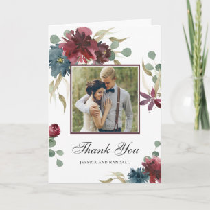 Cartão De Agradecimento Marsala e Marinho Watercolor Foto Floral Obrigado