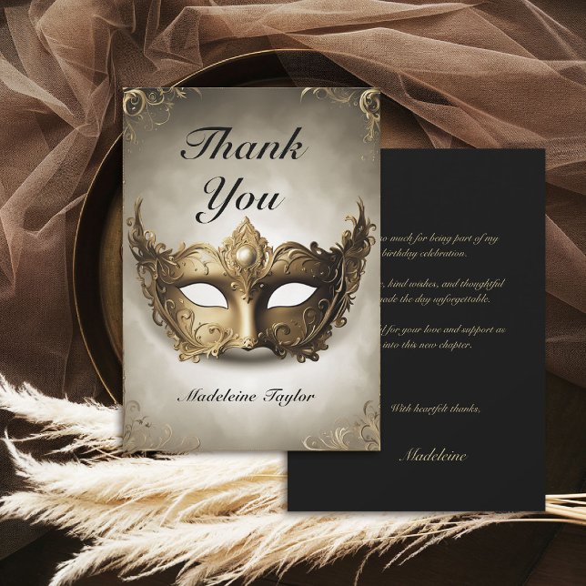 Cartão De Agradecimento Máscara de Veneza mascarada Antique Chic 50º Anive (masquerade birthday party thank you card venetian mask carnival antique elegant classy)