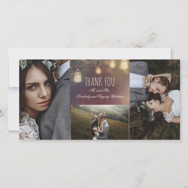 Cartão De Agradecimento Mason Jar Lights Branches Rustic Wedding (Frente)