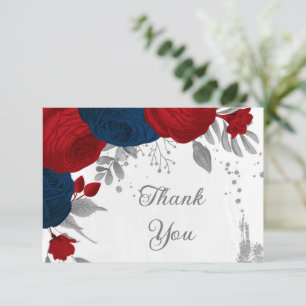Cartão De Agradecimento matrimônio botânico de prata vermelho-escuro e flo
