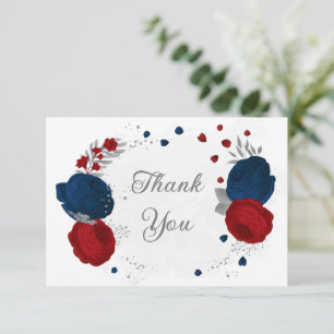 Cartão De Agradecimento matrimônio botânico de prata vermelho-escuro e flo