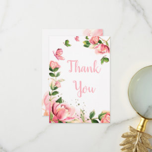Cartão De Agradecimento matrizes de flores rosa quente borboletas casament