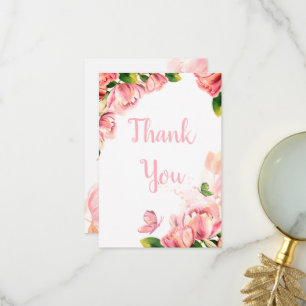 Cartão De Agradecimento matrizes de flores rosa quente borboletas casament