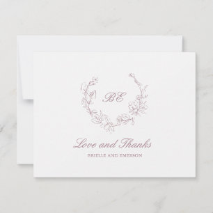 Cartão De Agradecimento Mauve Wreath Monograma Foto Elegante Casamento