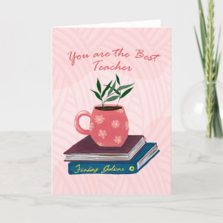 Cartão De Agradecimento Melhor Professora com Livros Empilhados e Mug de C