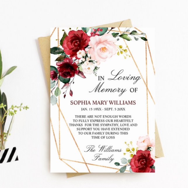 Cartão De Agradecimento Memória de simpatia Rosa e Borgonha (Criador carregado)