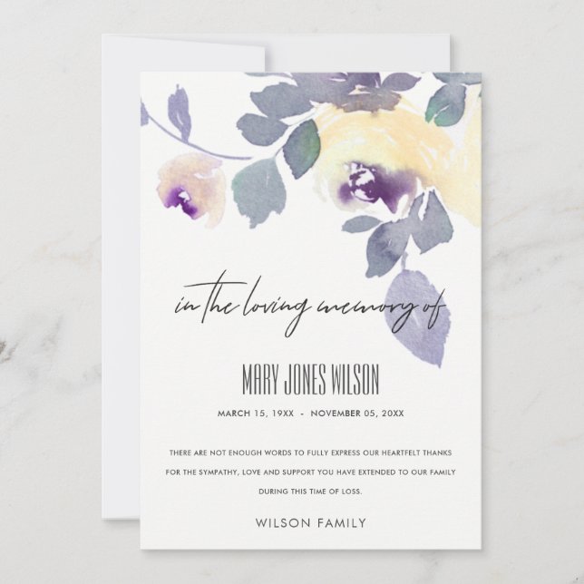 CARTÃO DE AGRADECIMENTO MEMORIAL AMARELO DE ROSA FLORAL DA LÍNGUA LÍNGUA (Frente)