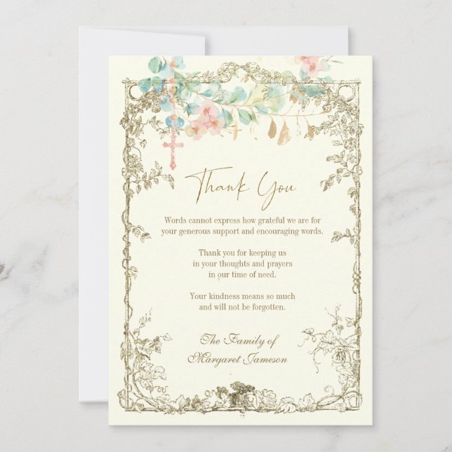 Cartão De Agradecimento Memorial do Funeral Católico Rosário Floral (Frente)